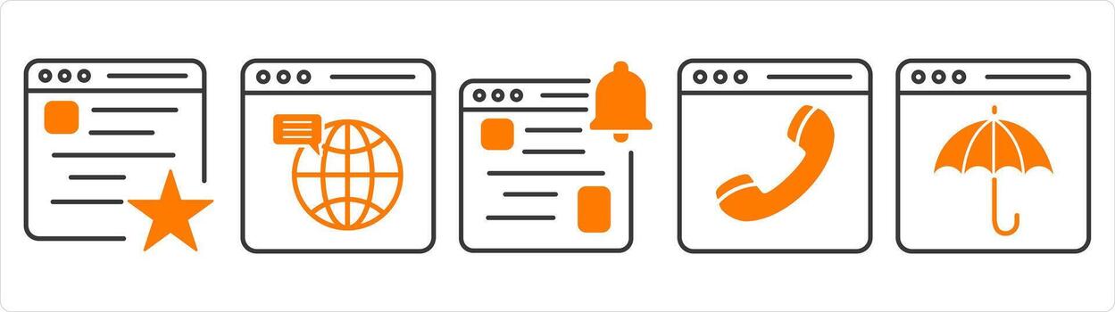 A set of 5 internet icons as favorite webpage, web browser, webpage notification vector