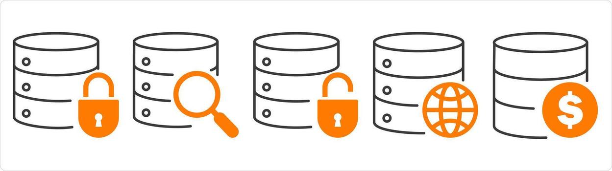 A set of 5 internet icons as server security, global search, global server vector