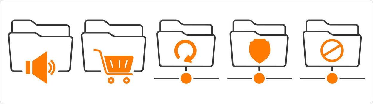 A set of 5 document icons as audio folder, shopping folder, update folder vector