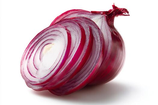 Fresh Red Onion Slices Displayed on a Rustic White Table in a Detailed Realistic Composition photo