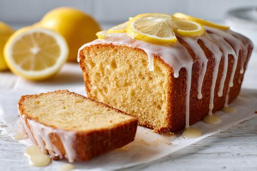 Realistic lemon drizzle cake sliced in half on a white background with a bright fresh presentation photo