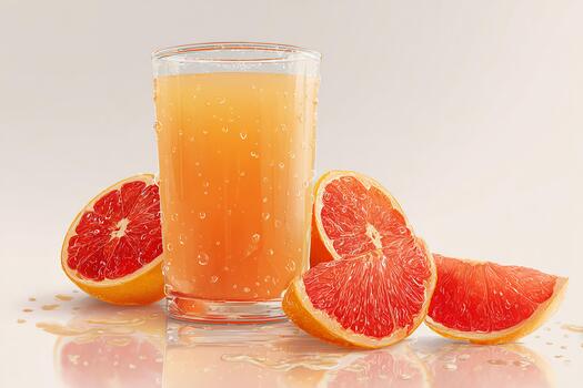 Refreshing grapefruit juice in a realistic glass arranged with colorful citrus fruits for display photo