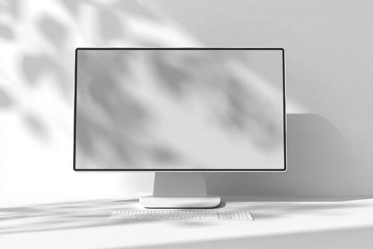 Centered monitor on a clean white background with subtle shadows creating a modern minimal workspace photo