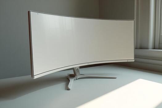 Curved monitor on a flat white surface with soft lighting creating a clean minimal modern tech setup photo