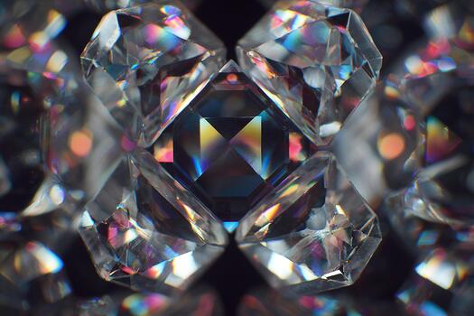 Abstract glowing crystal shapes arranged in a symmetrical pattern with radiant light reflections photo