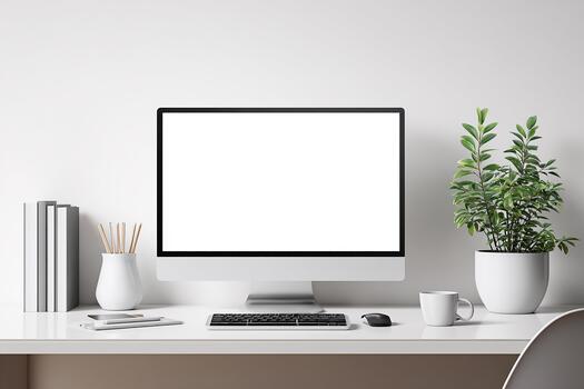 Minimal scene with laptop and empty cup on white background creating a clean modern workspace layout photo