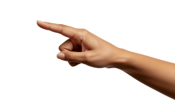 Close-up of a person's hand pointing with their index finger against a transparent background, highlighting a gesture of direction or selection png