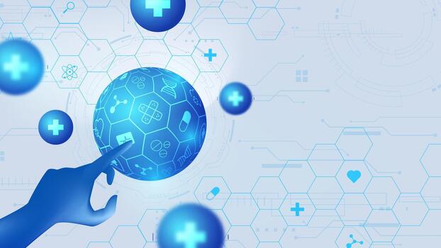 Digital health network background. Hand touching glowing medical globe with icons. Futuristic telemedicine concept with ample copy space. vector