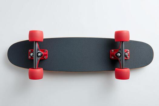 Modern skateboard on white floor featuring red wheels in simple crisp minimal layout for display photo