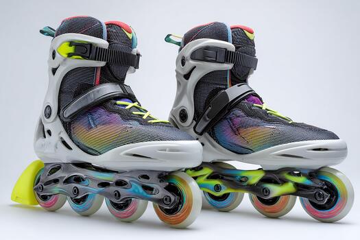 Realistic black and neon inline skates displayed on clean white backdrop in minimal studio setup photo