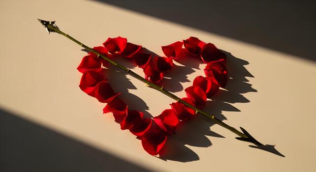 Heart shape made of rose petals pierced by an arrow with sunlight and shadows photo