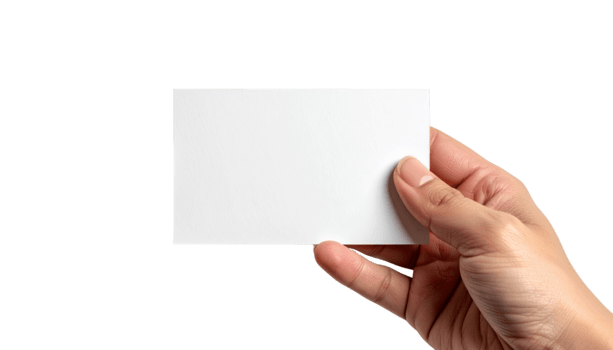 Blank business card in hand for design mockup with copy space for text and branding on transparent background png