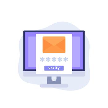 email verification icon with computer, flat design vector