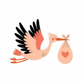 Cartoon stork with closed eyes flying with a peach colored bundle tied with a bow and a heart symbol vector