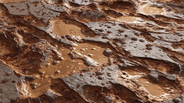 Rain-soaked mud craters and uneven terrain texture provide a natural backdrop to the wet ground. photo