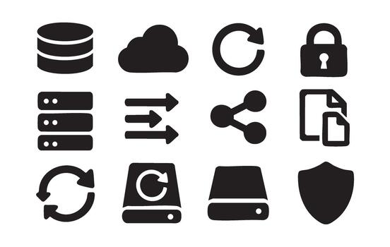 Set of black technology and data icons on white background database cloud vector
