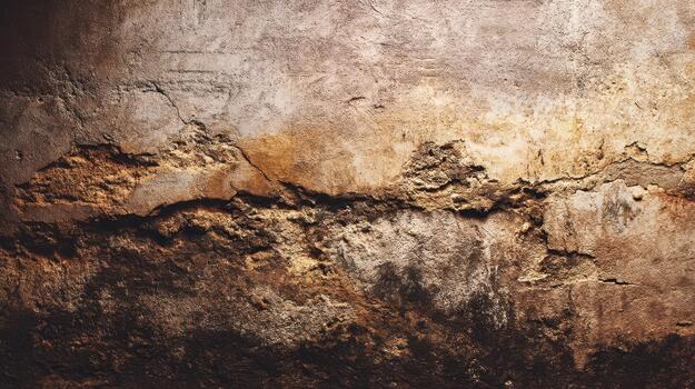 Textured wall with cracks and weathered stains, distressed surface in warm earth tones photo