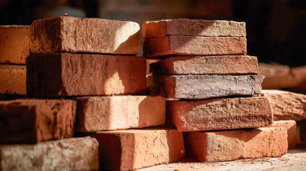Stacked clay bricks in warm sunlight, rustic building materials with textured surface photo