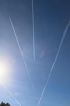 Contrails from aircraft create dynamic patterns in the clear blue sky, with sunlight illuminating the scene, showcasing the beauty of aviation and nature combined photo