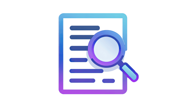 Document icon with magnifying glass analyzing important data and information isolated on transparent background png