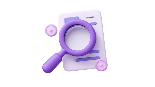 3D magnifying glass over document for search and data analysis isolated on transparent background png