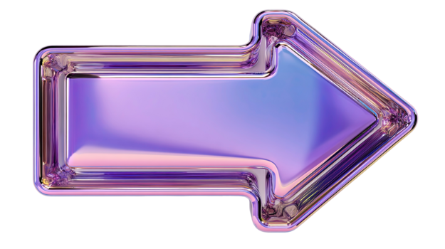 iridescent métallique La Flèche montrer du doigt droite avec une brillant chrome terminer isolé sur transparent Contexte png