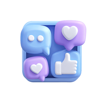 3D social media interaction icon featuring chat and like message bubbles isolated on transparent background png