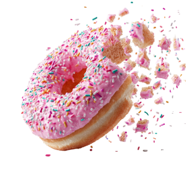 Pink frosted donut with colorful sprinkles exploding into pieces isolated on transparent background png