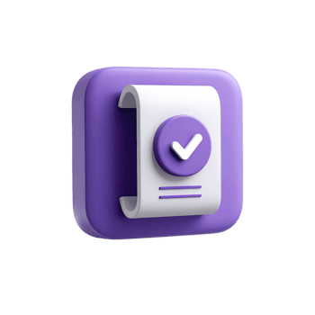 3D purple document icon with checkmark badge representing completion or verification isolated on transparent background png
