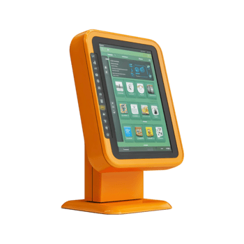 Orange interactive information kiosk with touchscreen display for public use isolated on transparent background png