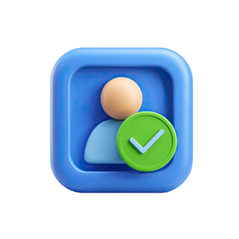 3D icon of a user profile with a green checkmark on a blue rounded square isolated on transparent background png