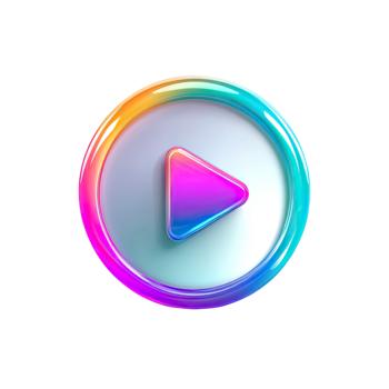 Glossy colorful play button icon with vibrant rainbow gradient ring and glowing triangle isolated on transparent background png