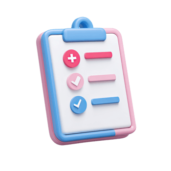 3D clipboard icon with a checklist showing a plus sign and two checkmarks isolated on transparent background png