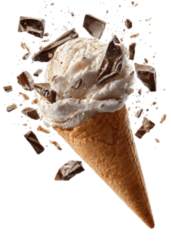 Vanilla ice cream scoop in a crispy waffle cone with dark chocolate pieces exploding isolated on transparent background png