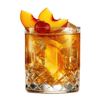 Refreshing cocktail with peach slices and cherry garnish in a patterned glass with ice isolated on transparent background png