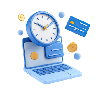 3d interpretazione di un' il computer portatile con un' orologio, credito carta, e monete per in linea bancario isolato su trasparente sfondo png