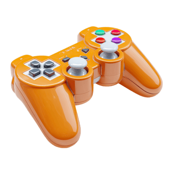 Orange game controller with multiple colorful buttons and joysticks for gaming isolated on transparent background png