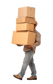 Man carrying a tall stack of four cardboard boxes walking forward isolated on transparent background png