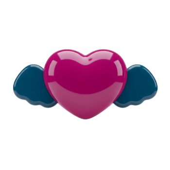 Glossy pink heart icon with blue wings rendered in 3d on a transparent background png