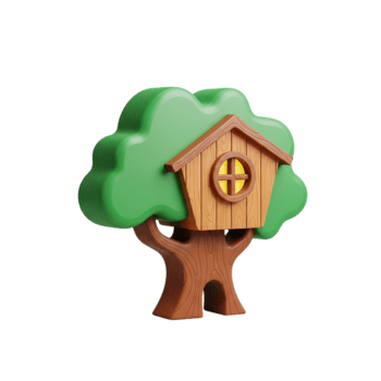 encantador 3d ilustrado casa da árvore com verde folhas e uma de madeira cabine contra uma Preto transparente fundo png