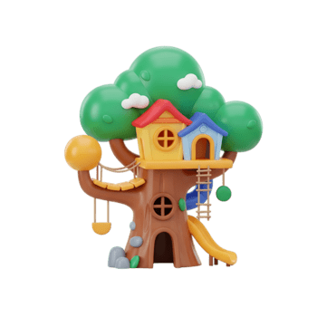 Whimsical 3d render of a cartoon treehouse with play structures on a transparent background png