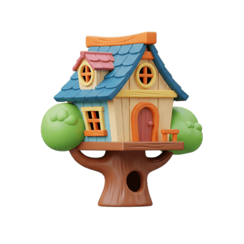 Charming 3d render of a cartoon treehouse with green trees and a transparent background png