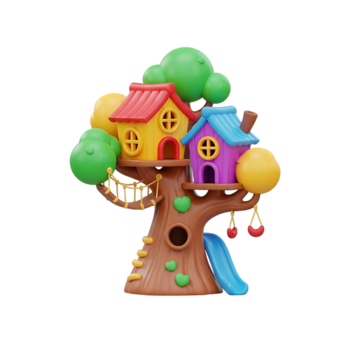 Colorful 3d render of a playful treehouse with slide and swings on transparent background png