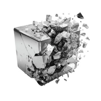 Futuristic chrome cube shattering into abstract shards dynamic deconstruction png