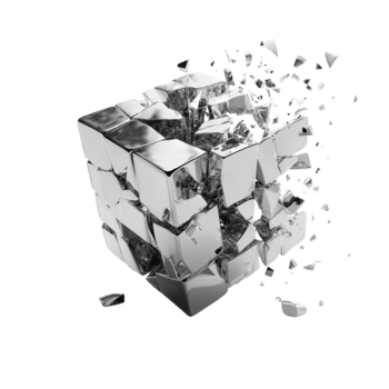 Futuristic chrome cube shattering into abstract shards dynamic deconstruction concept art png