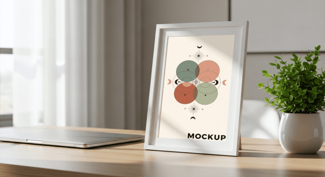 foto telaio modello su con il computer portatile e pianta nel minimalista spazio di lavoro per design posizionamento psd