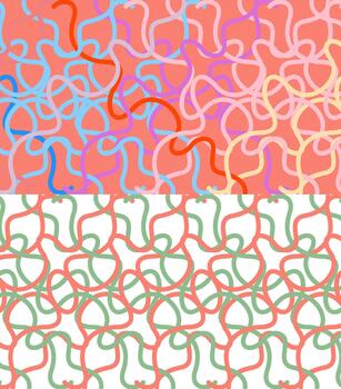 A dual-panel design featuring a continuous abstract pattern of colorful squiggly and looping lines on contrasting backgrounds. vector