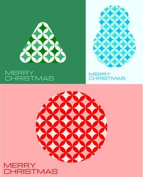 A three-panel Christmas design featuring geometric shapes a tree a snowman and a circle filled with repeating starburst patterns and MERRY CHRISTMAS text. vector