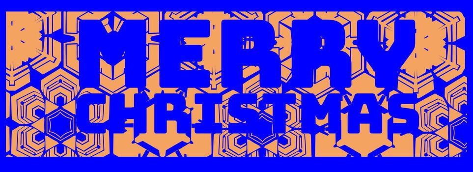 un muy contrastando rectangular bandera presentando el texto alegre Navidad en negrita eléctrico azul bloquear letras conjunto terminado un resumen repitiendo hexagonal modelo en brillante naranja y azul vector