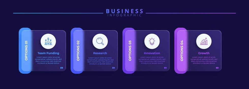 Infographic label design template featuring icons and 4 distinct steps. Ideal for process charts, presentation slides, workflow schemes, banners, flow diagram, and data visualizations. vector